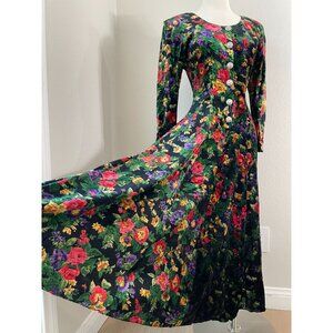 Vintage Nostalgia Womens Small Long Sleeve Floral Velvet Maxi Dress Button Front